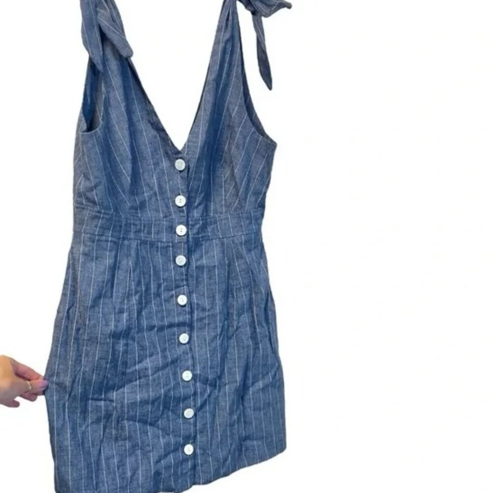 Storia Cotton Linen Bow Tie Shoulder Sleeveless Blue White Striped Mini Dress L